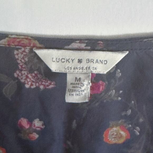 Lucky Brand Modal Button Top Womens Medium Dusty Blue Floral V-Neck Boho Blouse - Picture 7 of 10